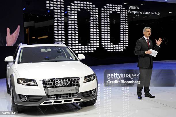 Rupert Stadler, chairman and chief executive officer of Audi AG, speaks during the presentation at the new Audi A4 allroad quattro prior to the...