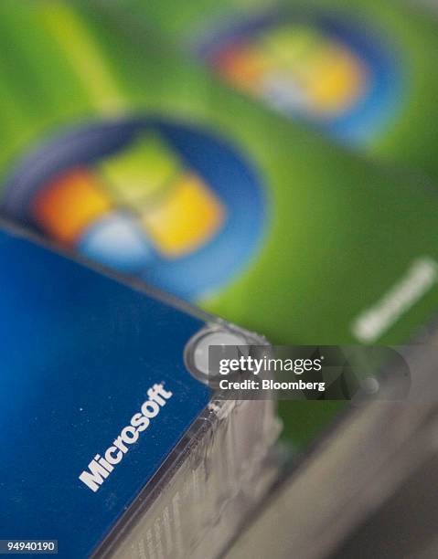 Boxes of Microsoft Vista software are displayed at a store in Romford, Essex, U.K., on Monday, April 27, 2009. Microsoft Corp., set to release a...