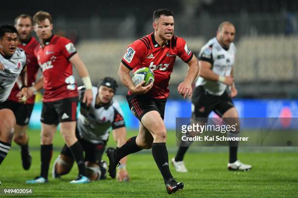 Ryan Crotty of the Crusaders runs through to score a try during the round 10 Super Rugby match between the Crusaders and the Sunwolves at AMI Stadium...