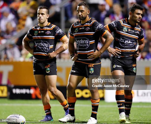 Benji Marshall of the Tigers looks dejected during the round seven NRL match between the Wests Tigers and the Newcastle Knights at Scully Park on...