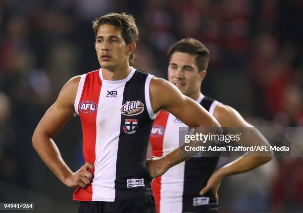 Ben Long of the Saints looks dejected after a draw during the 2018 AFL round five match between the St Kilda Saints and the GWS Giants at Etihad...