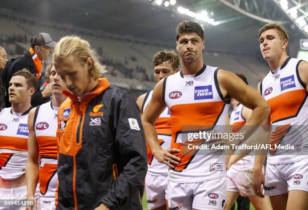 Jonathon Patton of the Giants looks dejected after a draw during the 2018 AFL round five match between the St Kilda Saints and the GWS Giants at...