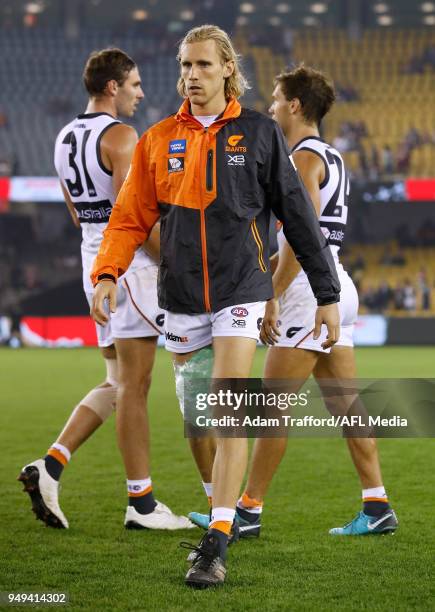 Nick Haynes of the Giants is seen injured during the 2018 AFL round five match between the St Kilda Saints and the GWS Giants at Etihad Stadium on...