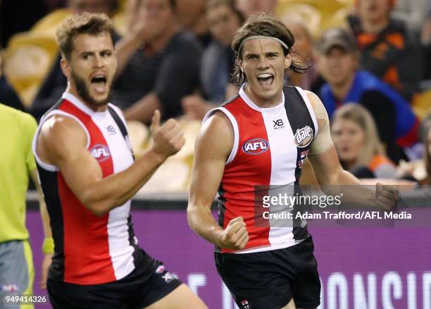 Hunter Clark of the Saints celebrates a goal during the 2018 AFL round five match between the St Kilda Saints and the GWS Giants at Etihad Stadium on...
