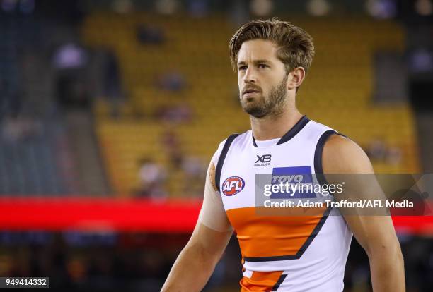 Callan Ward of the Giants looks on during the 2018 AFL round five match between the St Kilda Saints and the GWS Giants at Etihad Stadium on April 21,...
