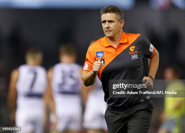 Leon Cameron, Senior Coach of the Giants runs off the field during the 2018 AFL round five match between the St Kilda Saints and the GWS Giants at...