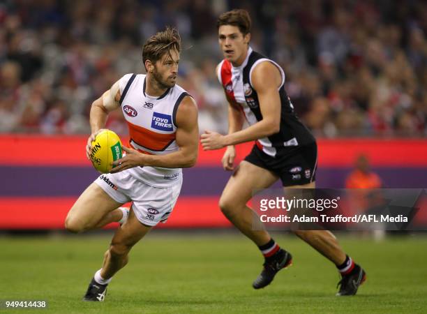 Callan Ward of the Giants in action ahead of Jack Steele of the Saints during the 2018 AFL round five match between the St Kilda Saints and the GWS...