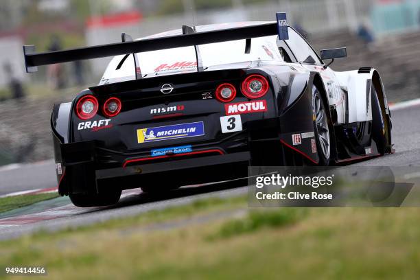 The Team Kondo Racing Advan Nissan GT-R driven by Joao Paulo de Oliveira of Brazil and Mitsunori Takaboshi of Japan in action during the Autobacs...