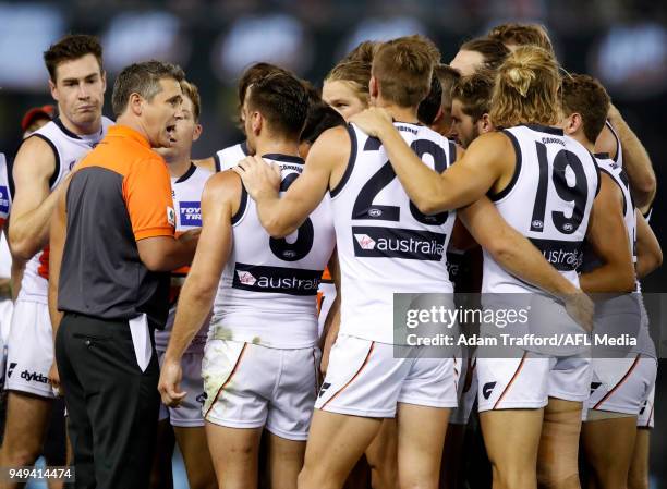 Leon Cameron, Senior Coach of the Giants addresses his players during the 2018 AFL round five match between the St Kilda Saints and the GWS Giants at...