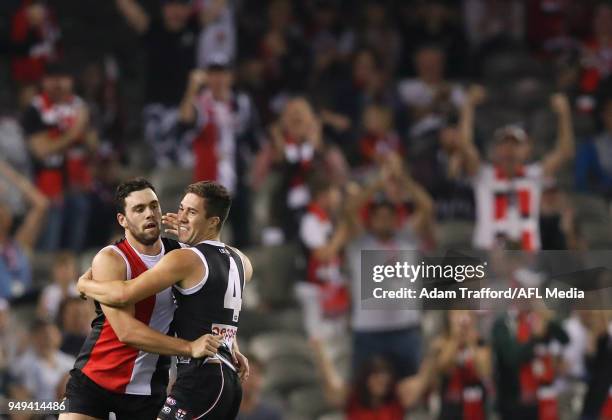 Paddy McCartin of the Saints celebrates a goal with Jade Gresham of the Saints during the 2018 AFL round five match between the St Kilda Saints and...