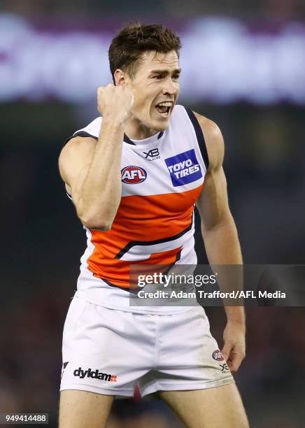 Jeremy Cameron of the Giants celebrates a goal during the 2018 AFL round five match between the St Kilda Saints and the GWS Giants at Etihad Stadium...
