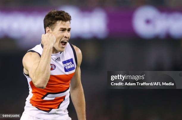 Jeremy Cameron of the Giants celebrates a goal during the 2018 AFL round five match between the St Kilda Saints and the GWS Giants at Etihad Stadium...