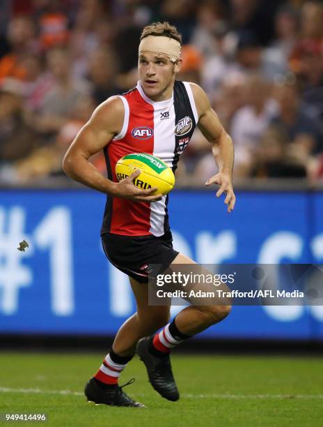 Brandon White of the Saints in action during the 2018 AFL round five match between the St Kilda Saints and the GWS Giants at Etihad Stadium on April...