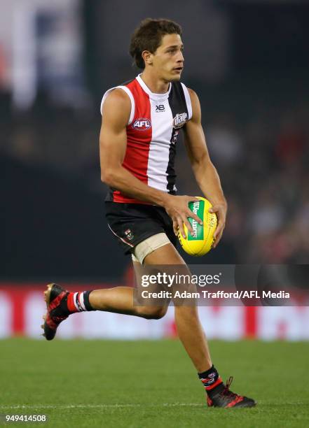 Ben Long of the Saints in action during the 2018 AFL round five match between the St Kilda Saints and the GWS Giants at Etihad Stadium on April 21,...