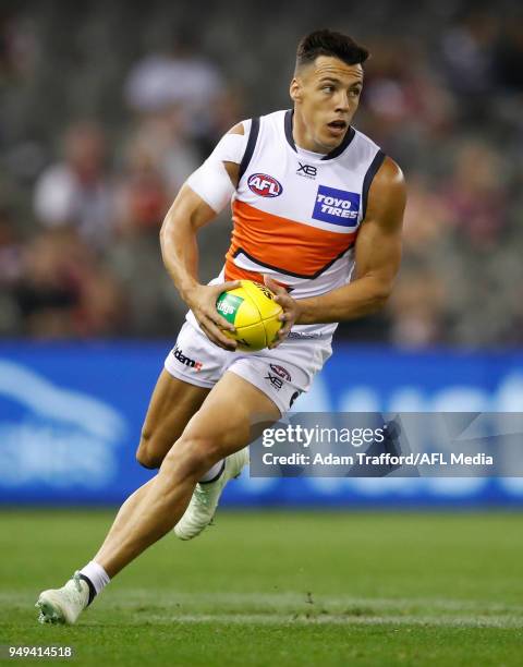 Dylan Shiel of the Giants in action during the 2018 AFL round five match between the St Kilda Saints and the GWS Giants at Etihad Stadium on April...