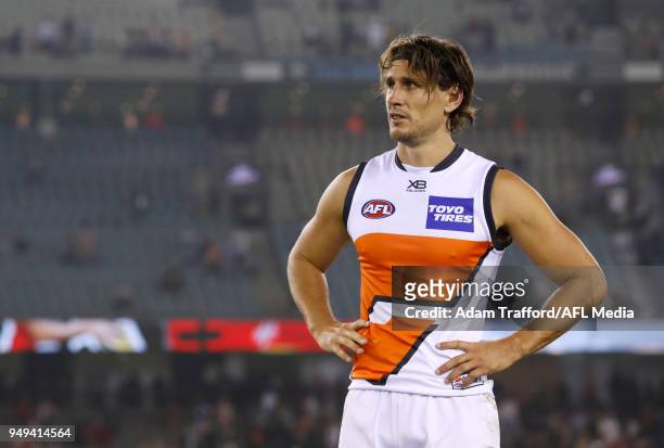 Ryan Griffen of the Giants looks dejected after a draw during the 2018 AFL round five match between the St Kilda Saints and the GWS Giants at Etihad...