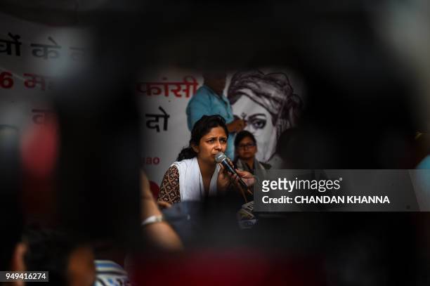 Swati Maliwal, chairperson of the Delhi Commission for Women, speaks to the media during her hunger strike protest in which she is demanding the...