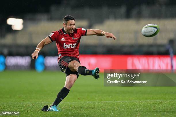 Mike Delany of the Crusaders kicks a conversion during the round 10 Super Rugby match between the Crusaders and the Sunwolves at AMI Stadium on April...