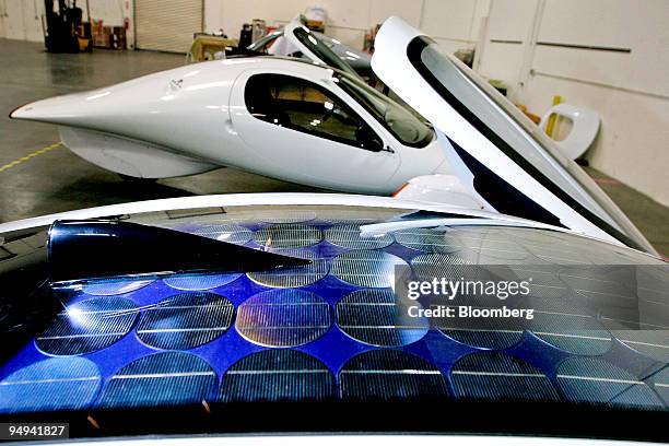 Solar panels sit on the roof of the Aptera 2e electric three-wheeled car at the company's factory in Vista, California, U.S., on Friday, Feb. 20,...