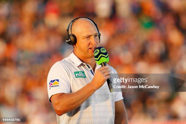 Nathan Brown head coach of the Knights is interviewed prior to the round seven NRL match between the Wests Tigers and the Newcastle Knights at Scully...