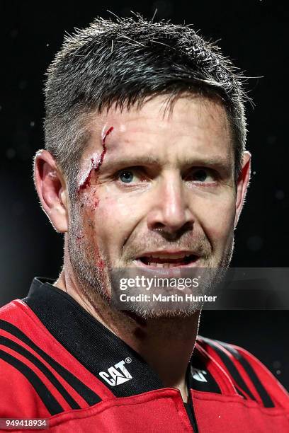 Mike Delany of the Crusaders leaves the field with blood on his face during the round 10 Super Rugby match between the Crusaders and the Sunwolves at...