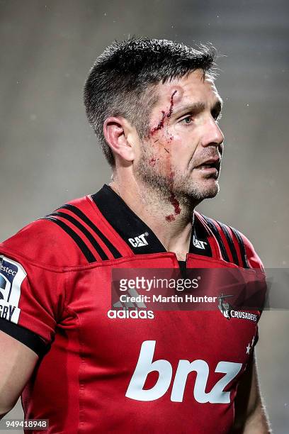 Mike Delany of the Crusaders leaves the field with blood on his face during the round 10 Super Rugby match between the Crusaders and the Sunwolves at...