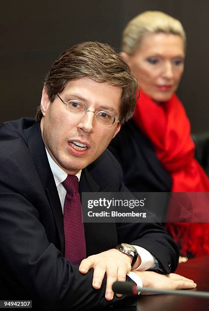 Georg Schaeffler, co-owner of the Schaeffler Group, left, speaks while Maria-Elisabeth Schaeffler, co-owner of the Schaeffler Group, listens at a...