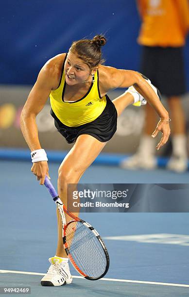 Dinara Safina of Russia returns the ball to Vera Zvonareva of Russia during their match on day 11 of the Australian Open Tennis Championship, in...