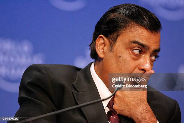 Mukesh D. Ambani, chairman of India's Reliance Industries Ltd., listens during a session on day two of the World Economic Forum in Davos,...