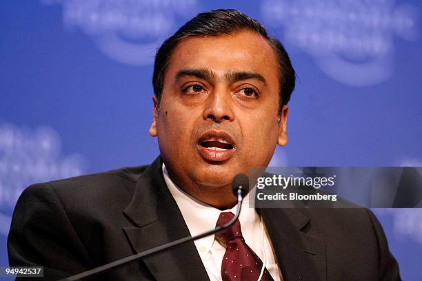 Mukesh D. Ambani, chairman of India's Reliance Industries Ltd., speaks during a session on day two of the World Economic Forum in Davos, Switzerland,...