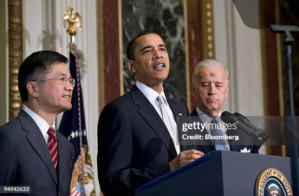 President Barack Obama, center, introduces Gary Locke, former governor of Washington, left, as his choice for commerce secretary as Vice President...