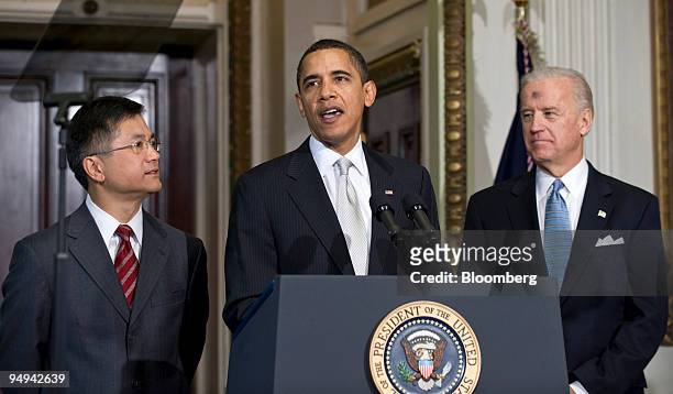 President Barack Obama, center, introduces Gary Locke, former governor of Washington, left, as his choice for commerce secretary as Vice President...