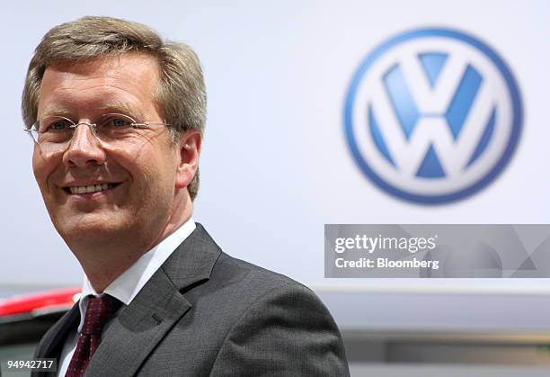 Christian Wulff, prime minister of the German state of Lower Saxony, which holds a 20 percent stake in Volkswagen AG, pauses at the company's annual...