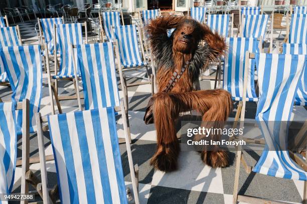 Will Hyde from Darlington relaxes as Chewbacca as he attends the Scarborough Sci-Fi event held at the seafront Spa Complex on April 21, 2018 in...