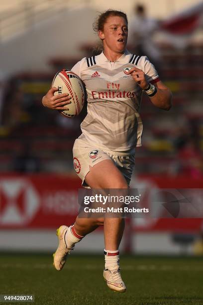 Leyla Alev Kelter of USA runs with the ball on day one of the HSBC Women's Rugby Sevens Kitakyushu Pool match between USA and Japan at Mikuni World...