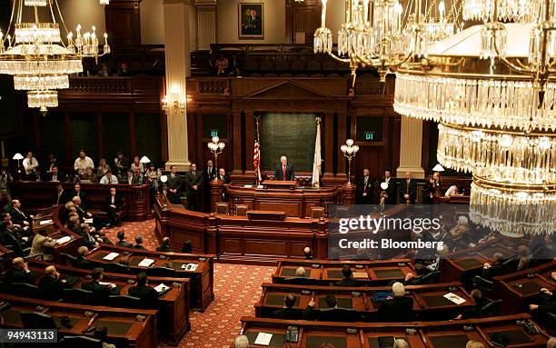 Pat Quinn, newly appointed governor of Illinois, addresses members of the House and Senate after taking the oath of office at the state capitol in...