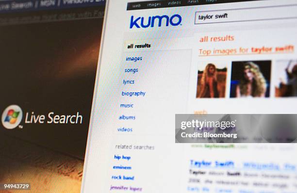 Kumo.com screenshot from Cnet.com and the Live.com homepage are displayed on a computer monitor in New York, U.S., on Tuesday, March 3, 2009....