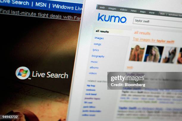 Kumo.com screenshot from Cnet.com and the Live.com homepage are displayed on a computer monitor in New York, U.S., on Tuesday, March 3, 2009....