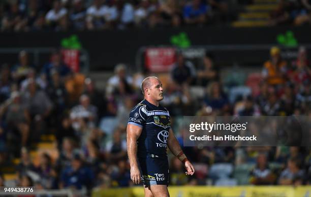 Matt Scott of the Cowboys looks on during the round seven NRL match between the North Queensland Cowboys and the Gold Coast Titans at 1300SMILES...