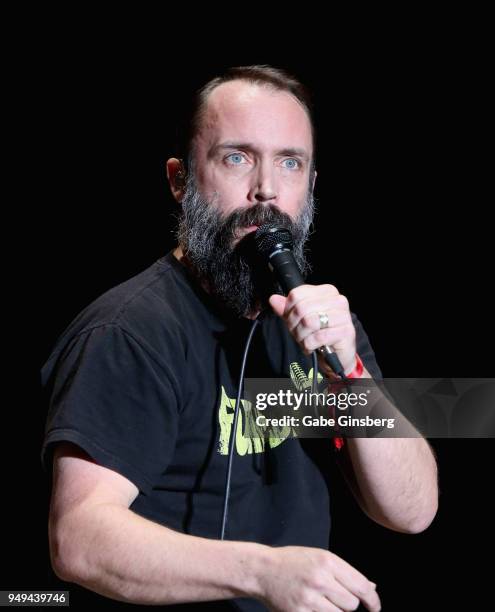 Singer Neil Fallon of Clutch performs during the Las Rageous music festival at the Downtown Las Vegas Events Center on April 20, 2018 in Las Vegas,...