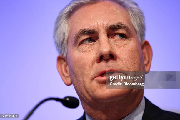 Rex W. Tillerson, chairman and chief executive officer of ExxonMobil Corp., speaks during a session on day four of the World Economic Forum in Davos,...