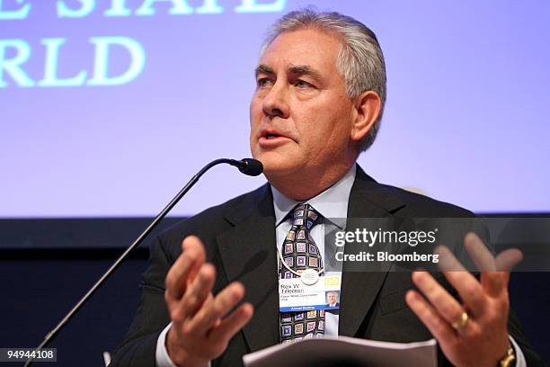 Rex W. Tillerson, chairman and chief executive officer of ExxonMobil Corp., speaks during a session on day four of the World Economic Forum in Davos,...