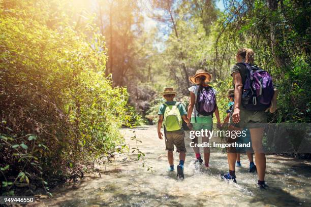 mother and kids hiking in andalusia river of rio chillar - family hiking stock pictures, royalty-free photos & images