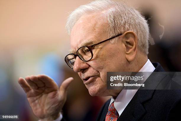 Warren Buffett, chairman of Berkshire Hathaway Inc., speaks during an interview at Berkshire?s annual shareholder meeting at the Qwest Center in...