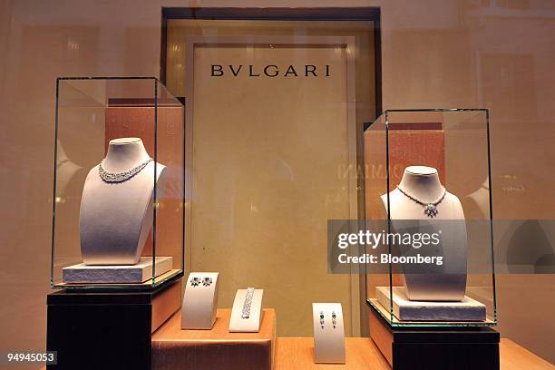 Jewellery sits on display in the window of the Bulgari shop situated on the Via Condotti in Rome, Italy, on Monday, March 9, 2009. Bulgari SpA, the...