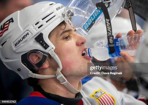 Oliver Wahlstrom of the USA Nationals gets a drink of water on the bench during the 2018 Under-18 Five Nations Tournament game against the Russian...