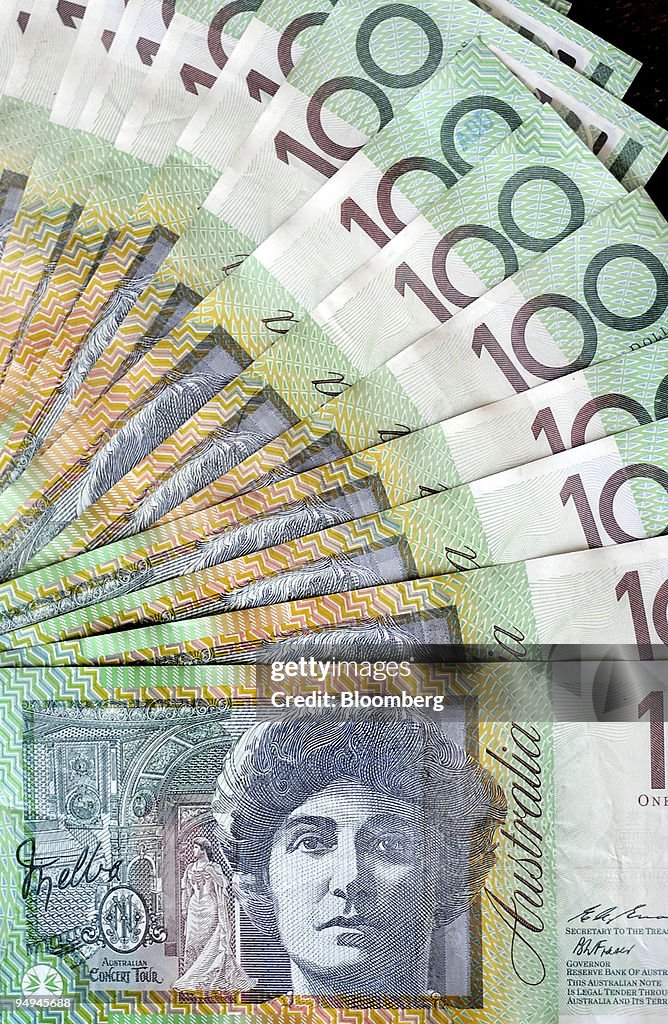 Australian 100-dollar banknotes are arranged for a photograp