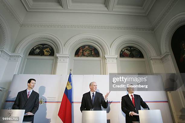 Prince Alois of Liechtenstein, left, Otmar Hasler, Liechtenstein's prime minister, center, and Klaus Tschuetscher, Liechtenstein's incoming prime...