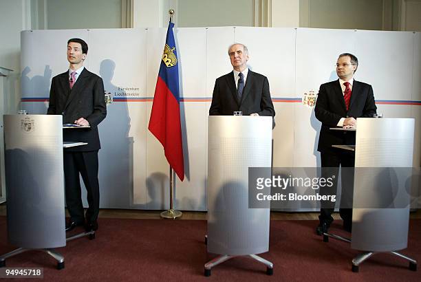 Prince Alois of Liechtenstein, left, Otmar Hasler, Liechtenstein's prime minister, center, and Klaus Tschuetscher, Liechtenstein's incoming prime...
