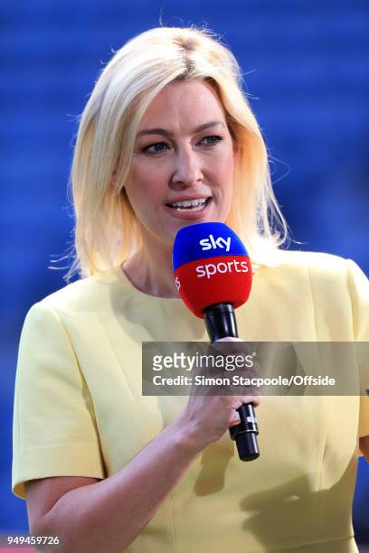 Sky Sports television presenter Kelly Cates speaks ahead of the Premier League match between West Bromwich Albion and Liverpool at The Hawthorns on...